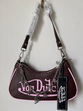 Von Dutch Brown and Pink Shoulder Bag with silver chain